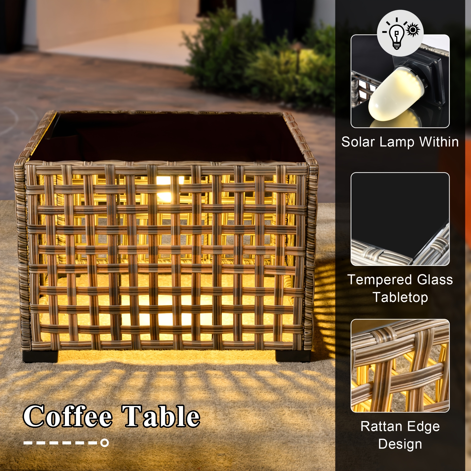5pcs outdoor patio furniture set with 2   1 outside sofa 1 side table and 1 solar lighting glass coffee table all weather wicker patio conversation set   for garden deck and porch decor Product details 6
