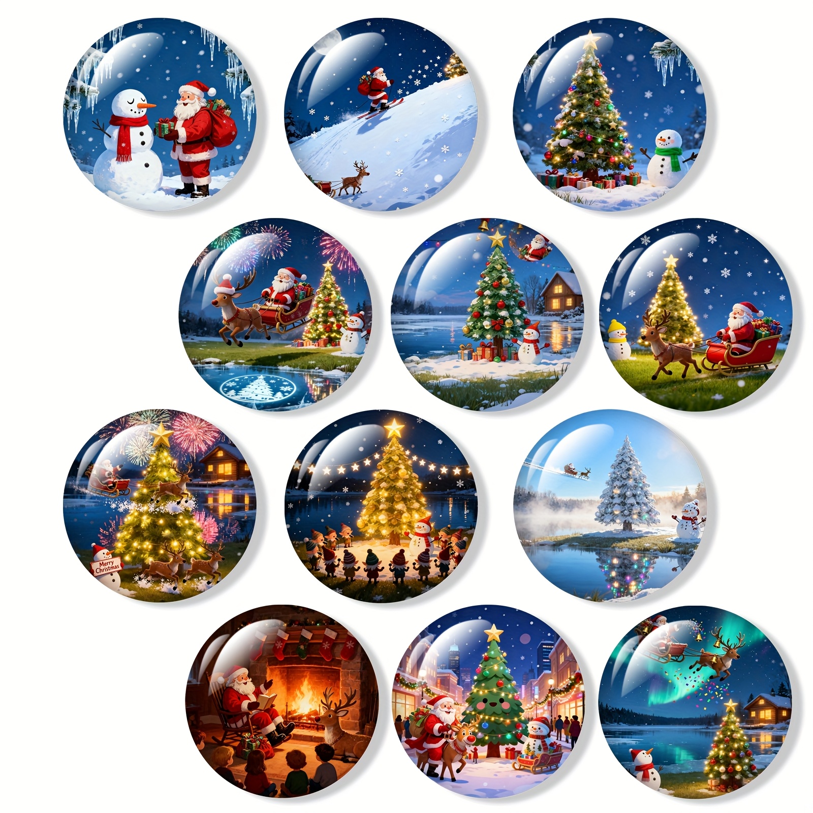 Image of Set Of 12 Christmas-themed Glass Magnets For Decorating , Suitable For Crafts, Kitchen, Office Whiteboards, Cabinets, And Dishwashers