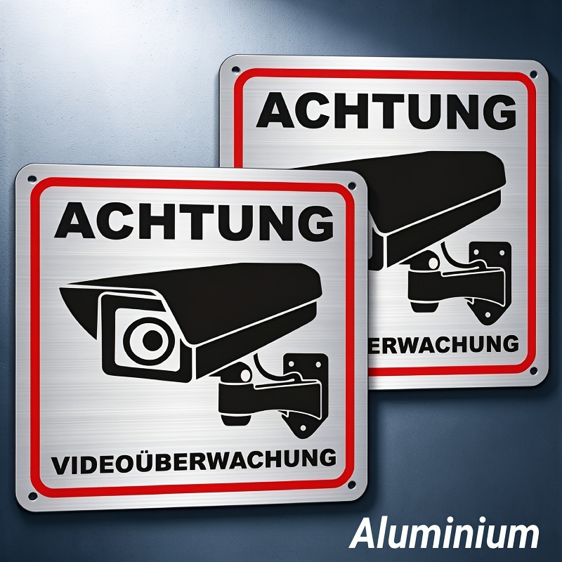 Image of 2-pack German Surveillance Sign, Video Surveillance Sign, 15 X 15cm Metal Sign, Camera Monitoring, 4 Pre-drilled Holes, Video Surveillance Sign