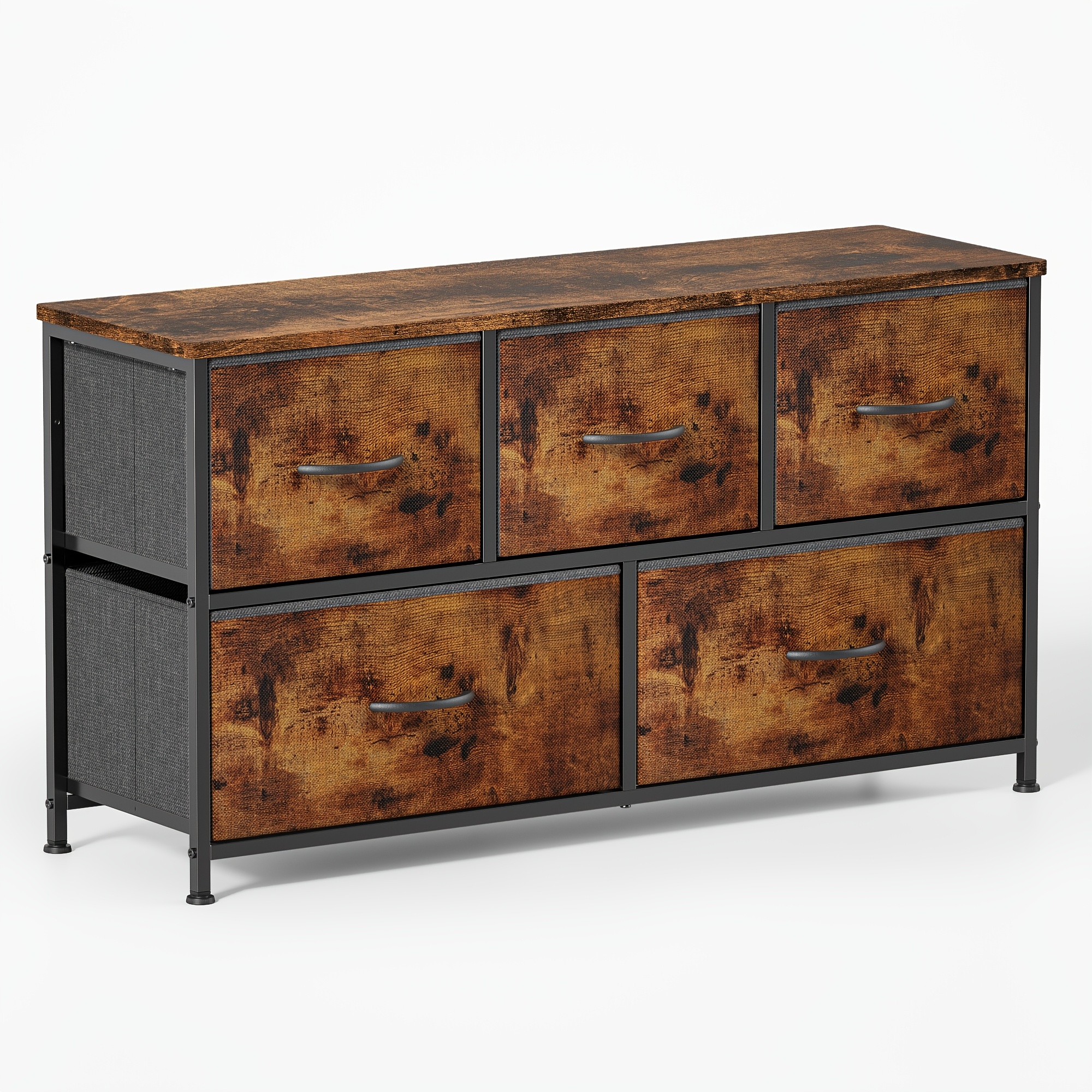Image of Chest Of Drawers With 5 Drawers Made Of Fabric, Chest Of Drawers Bedroom Chest Of Drawers With Wooden Top And Metal Frame For Bedroom, Living Room, Hallway (, Dark , Light Grey, Rustic Brown)