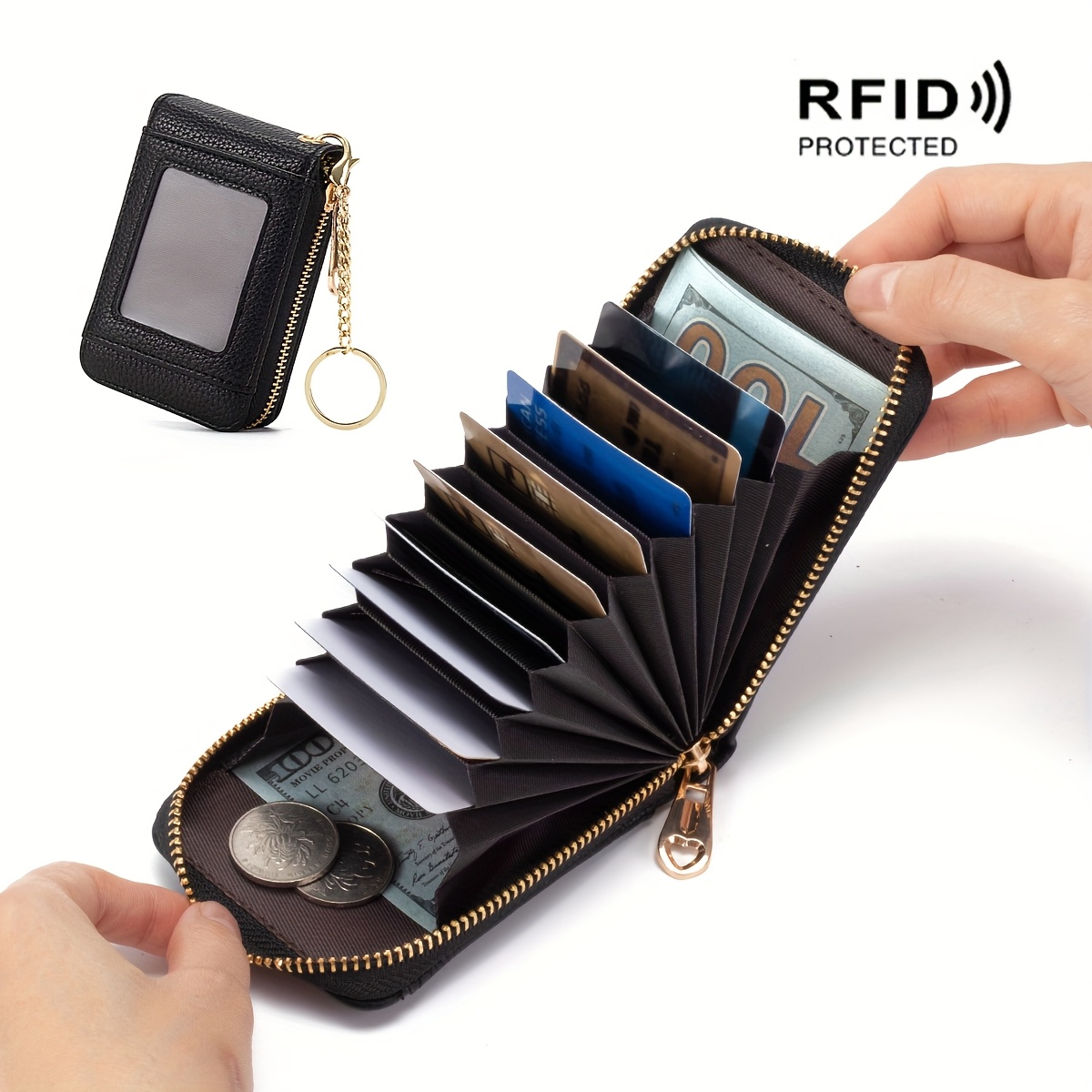 

Rfid Blocking Wallet, Slim With Zipper Closure, Mini Coin Purse With Key Ring, Polyester Lined, Hand Washable, - Credit Card Holder