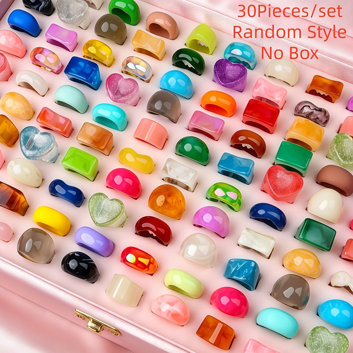 TEMU 30pcs Set Teenager Girls Glossy Transparent Multicolor Resin Ring Set Mixed Styles Individual Gift Daily Jewelry Additions Random Styles, For