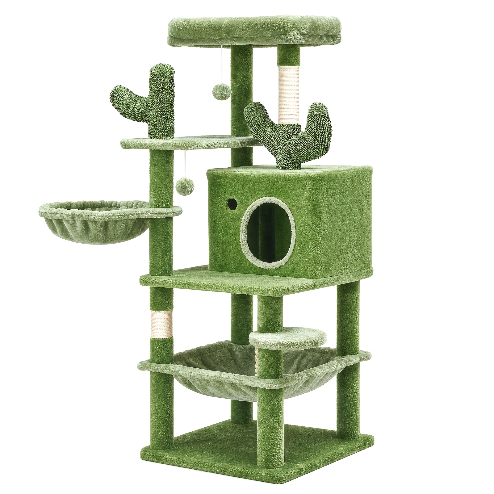 Cactus-shaped Cat Tree, Multi-functional Cat Tower Activity Center With Cat Bed, 2 Hanging Beds, Sisal Scratching Posts, Interactive Perches, Indoor Home Decor, 50 X 50 X 133cm, Green