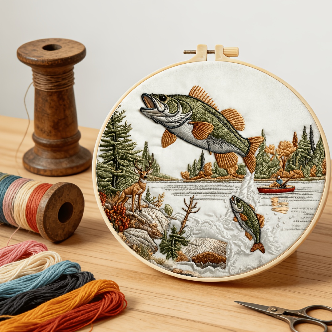TEMU Adult Beginner Embroidery Kit, Fish Leaping , Deer Standing In Pattern Hand Embroidery Starter Kit Embroidery Kit Includes Patterned Embroidery