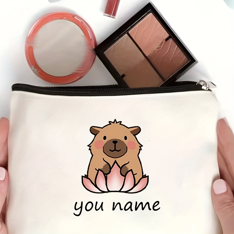 TEMU Customized Capybara-themed Makeup Bag, Large Capacity Travel Cosmetic Pouch, Portable Zippered Toiletry Storage Bag, Animal Pattern, Off-white,