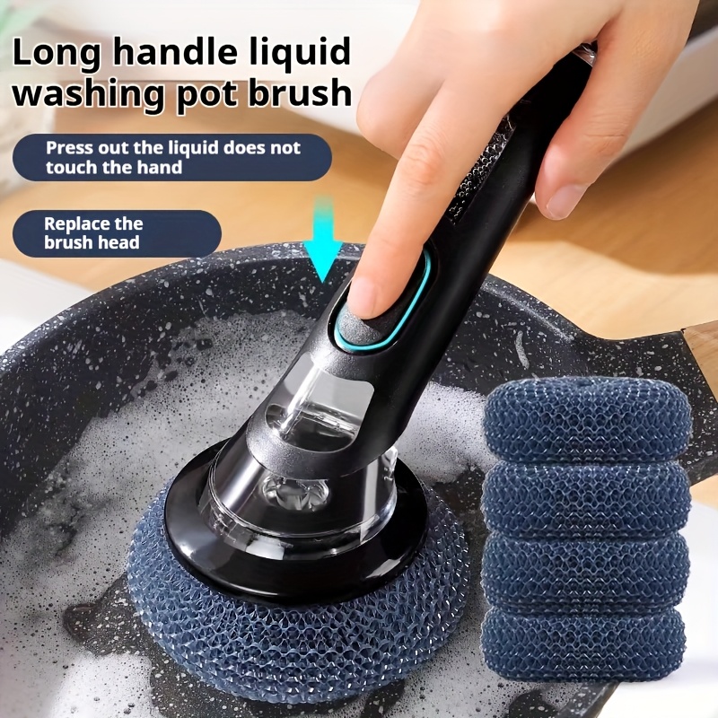 

1pc Multi-functional Long Handle Kitchen Cleaning Brush With Soap Dispenser, Non-electric Manual Operation, Hanging Hole Design, Ideal For Home, Rv, Restaurant Use, Includes Replaceable Brush Heads