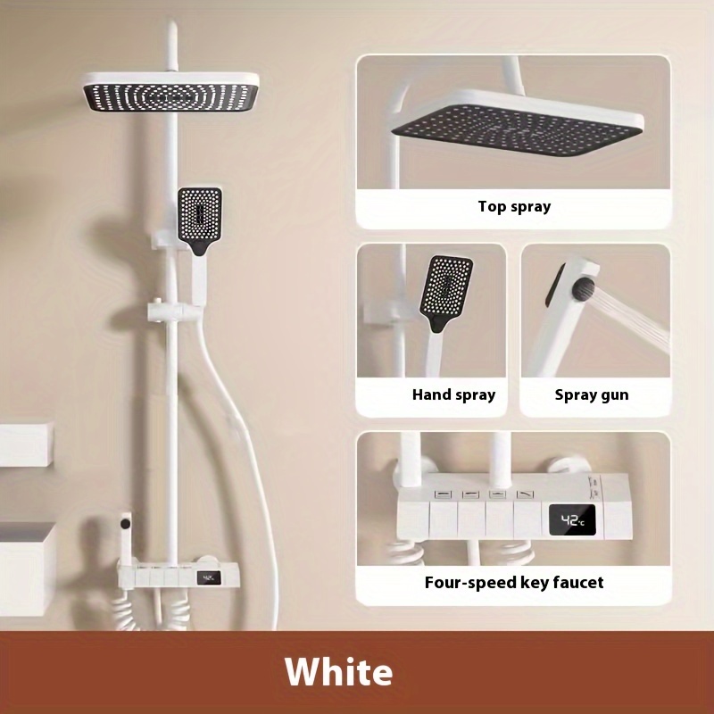 Zestaw Białej Luksusowej Kranu Prysznicowego - Kompletny System Prysznicowy z Deszczownicą, Prysznicem Ręcznym, Złączką Montażową i Zestawem Dekoracyjnym - Łatwa Instalacja i Projekt Oszczędzający Wodę