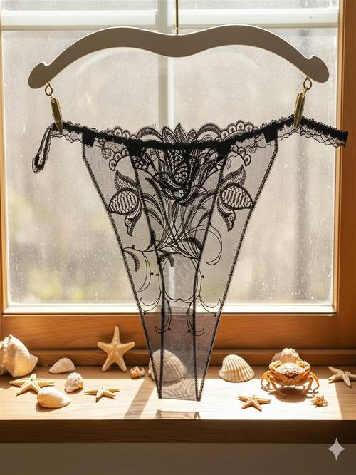 french luxury embroidered thong for women transparent mesh cut out string dark green pack of 1