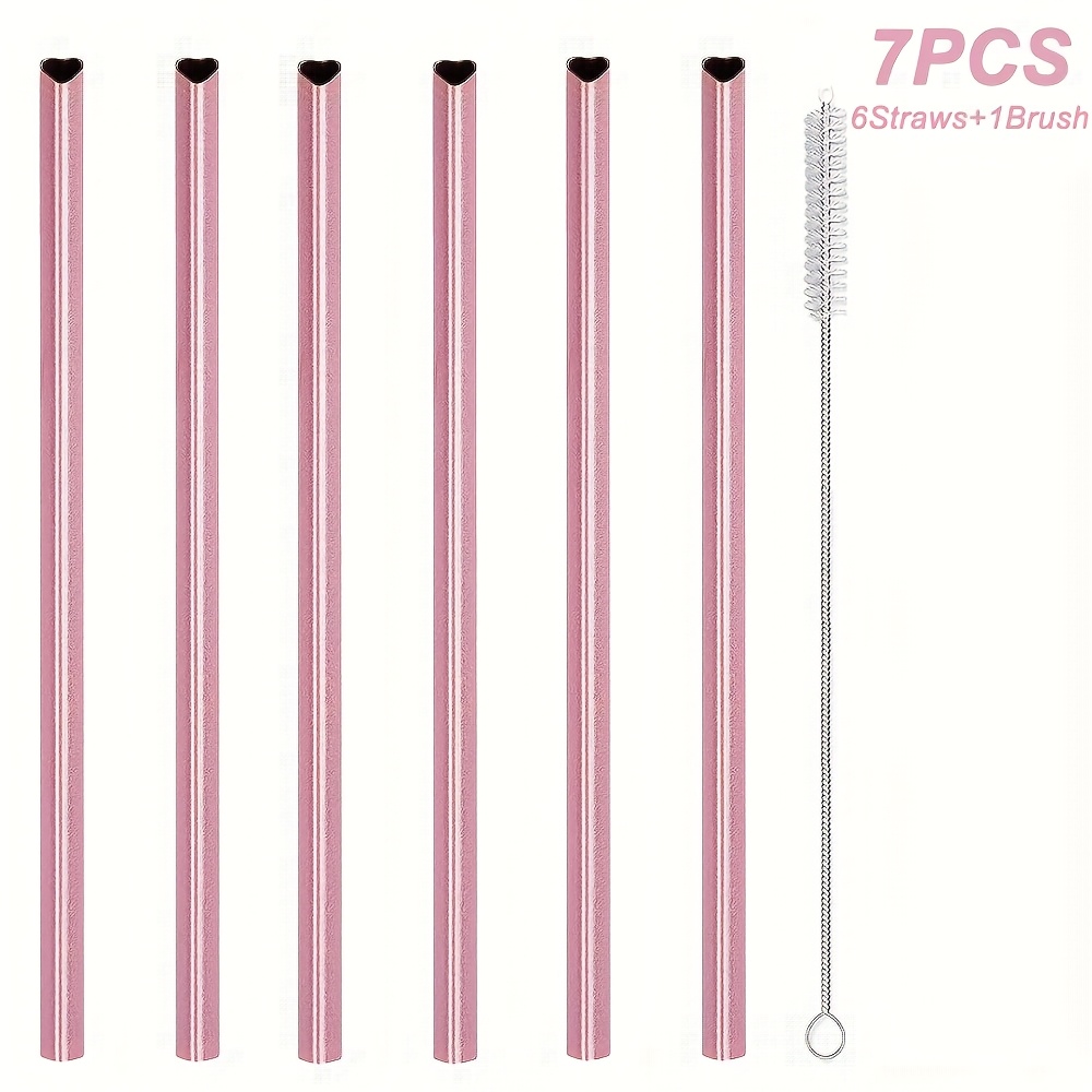 TEMU 7pcs Heart-shaped Straws Set With Cleaning Brush, Sus304 Stainless Steel Straws, Food Grade Drinking Straws, Reusable Straws, Cute Gift, Perfect