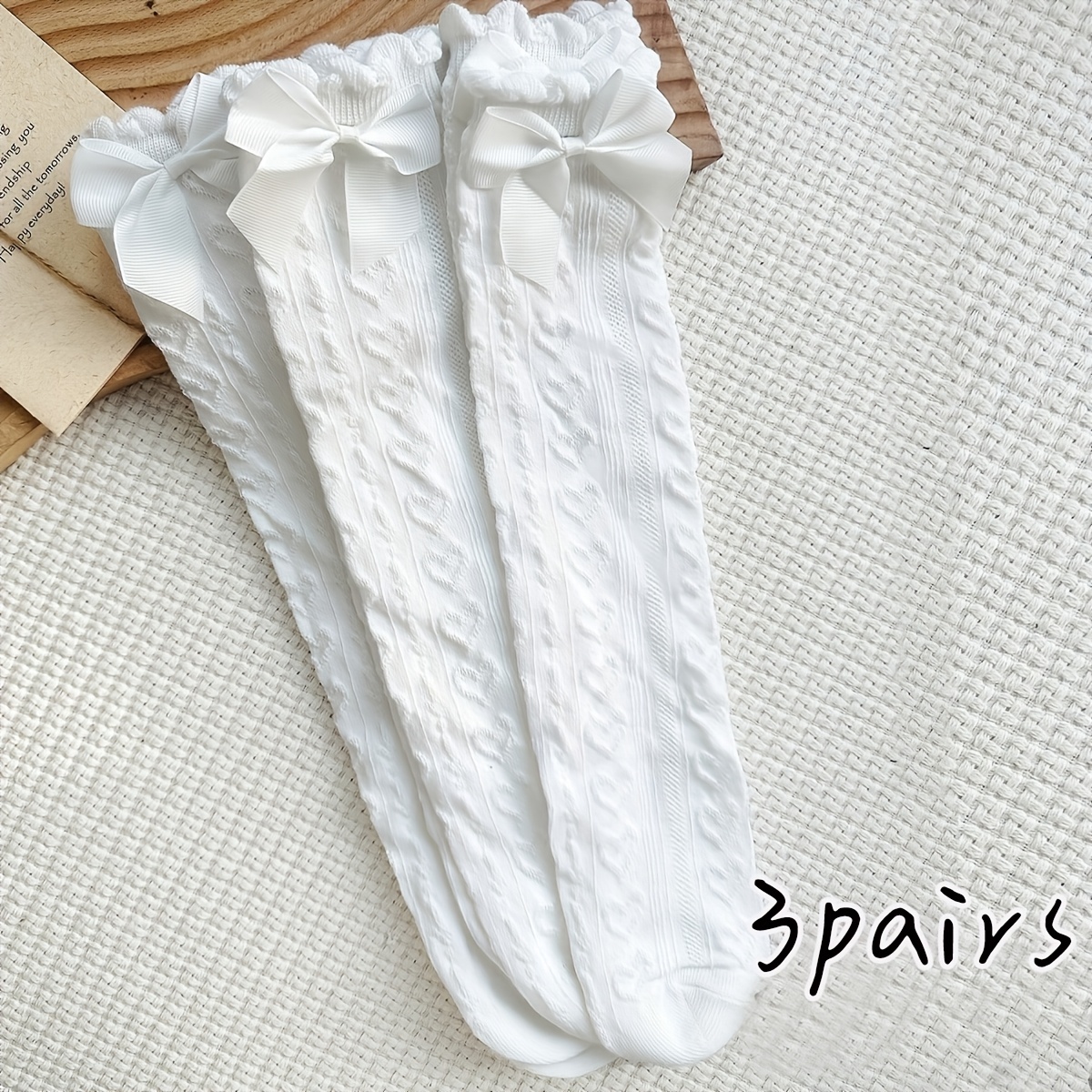 E-shop 3 Paar weiße Schleife lange Socken herzförmige Kniestrümpfe ohne Fersenlöcher Over-The-Knee Socken Mädchen Alltagskleid Rock Uniform