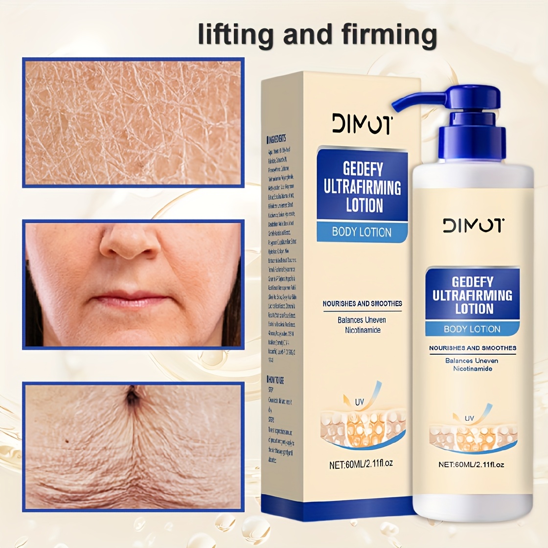 DIMOT 60ml Ultrafirming i Lifting Losion za Tijelo - Bez Mirisa, Bez Alkohola, Dnevna i Noćna Hidratacija za Sve Tipove Svijetlo Bež Kože, Ugladi Sitne Linije, Povećava Elastičnost, Vlaži, Elegantno Pakiranje, Premium Njega Kože, Ženska Njega, Rutina Njege, Moderna Njega, Formula bez Alkohola