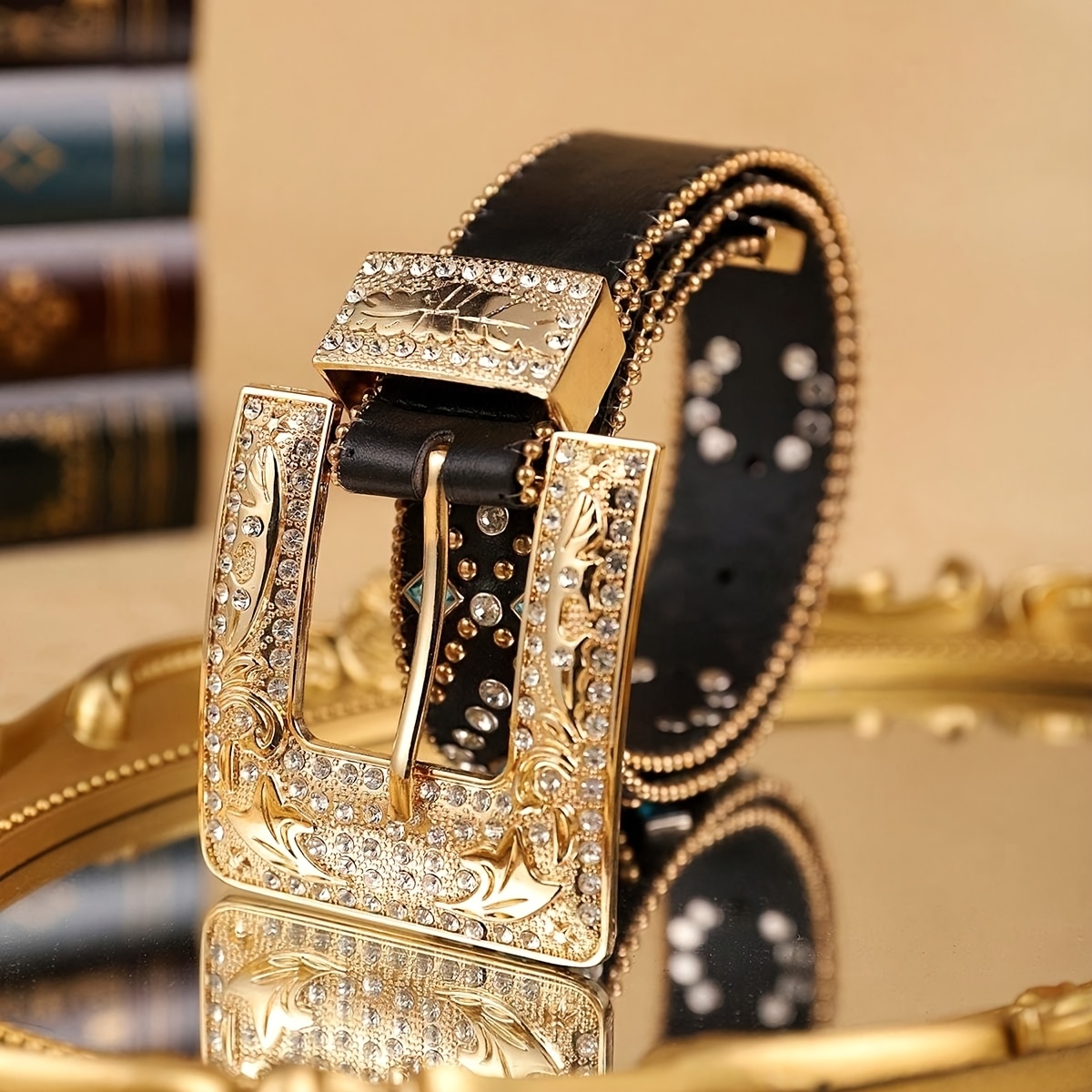 Gilded black leather vintage gold toned riveted Belt Size M Handmade 1-3/4 main image 4