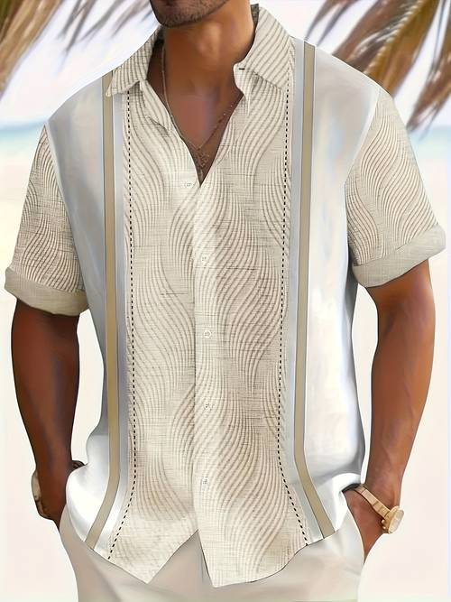 mens retro geometric print button short sleeve collared shirt vintage style summer wear