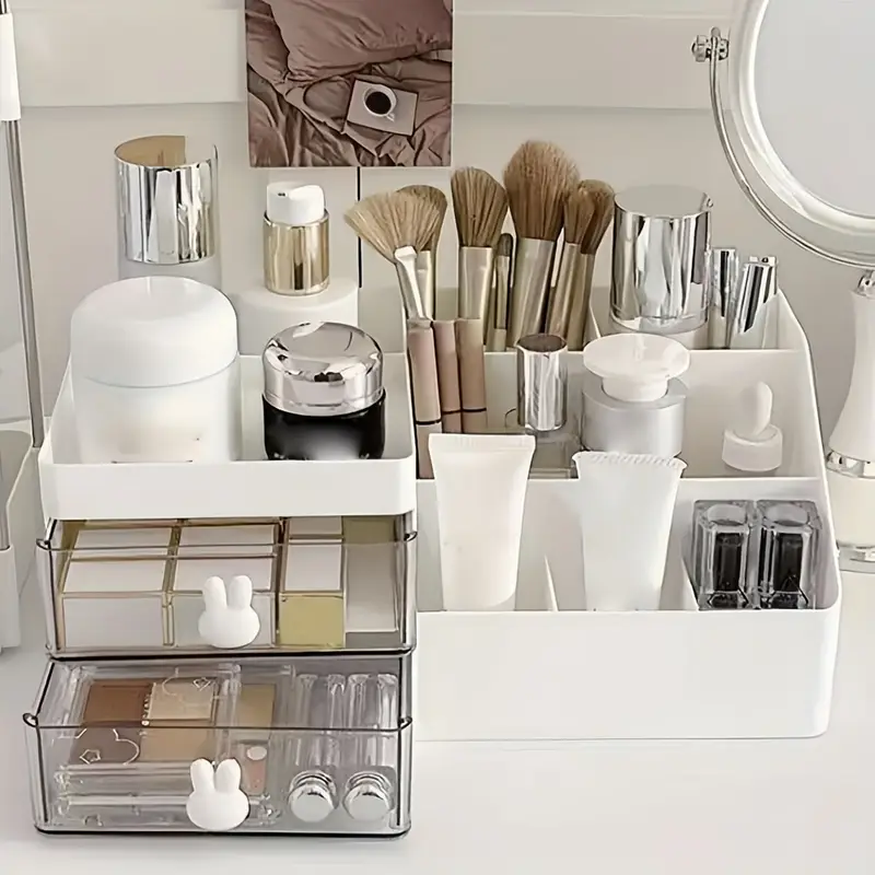1pc white multi functional cosmetic organizer with drawers plastic makeup storage box for vanity bathroom or desk perfect gift for mom teacher or home decor organizes skincare brushes and more vanity accessory minimalist organizer makeup organizers storage Product details 4