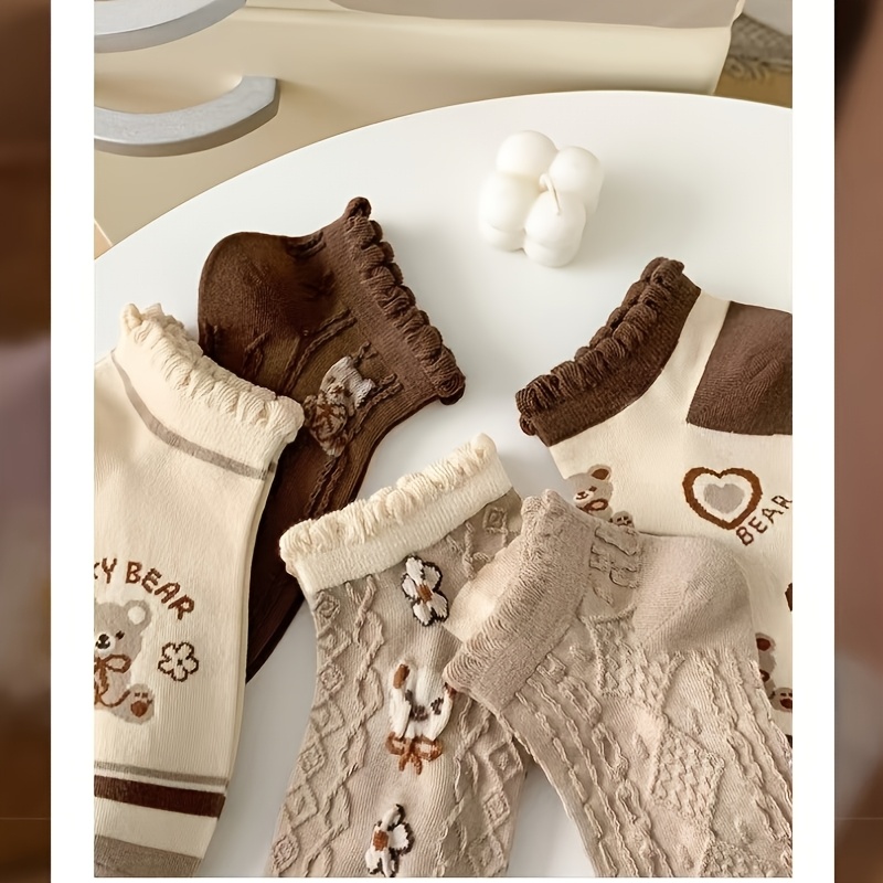 5 paires. lot de   chaussettes printemps-été pour femme, motif     café, chaussettes basses,   chaussettes japonaises douces en dentelle, chaussettes bateau 4