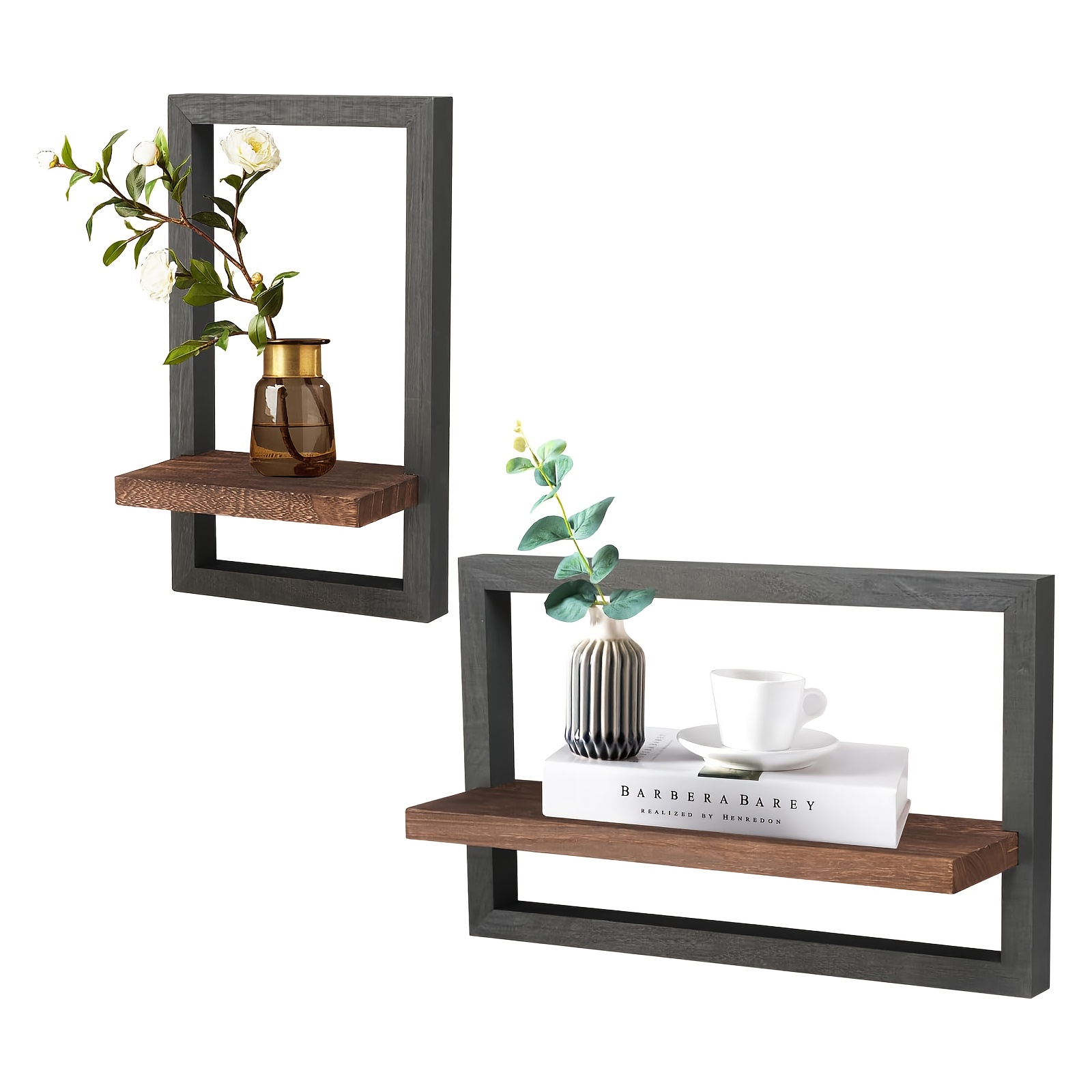 2pcs Wood Wall Shelves, Wooden Square Wall Mounted Shelves, Rustic Square Hanging Floating Shelf With Frame For Bathroom, Living Room, Floating Shelves