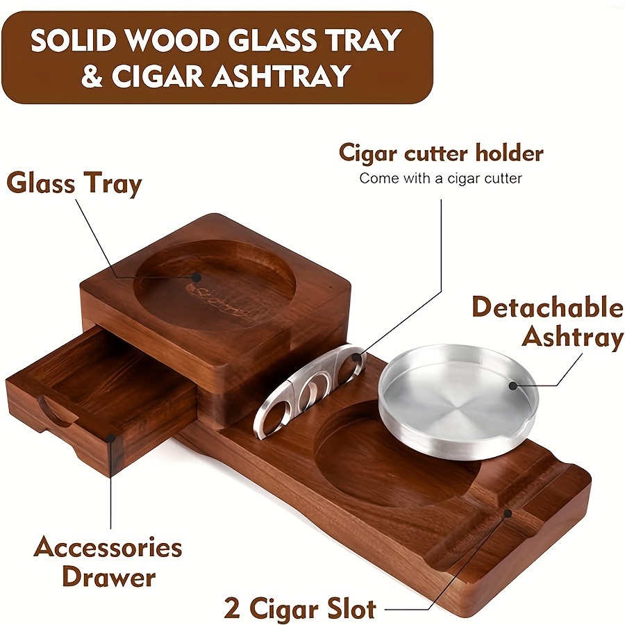 vintage acacia wood ashtray with whiskey glass holder rectangular no power needed perfect for home car use details 2