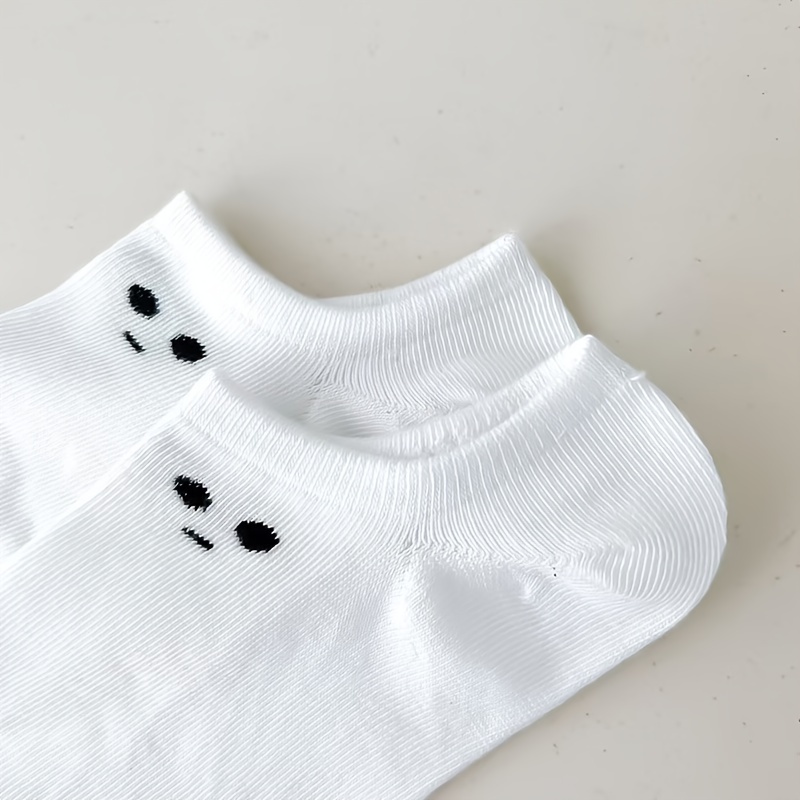 5 Pairs of Women's White Expression Boat Socks, Cute Expression, Fashionable and Versatile, Trendy and, College Style, Suitable for Daily Use