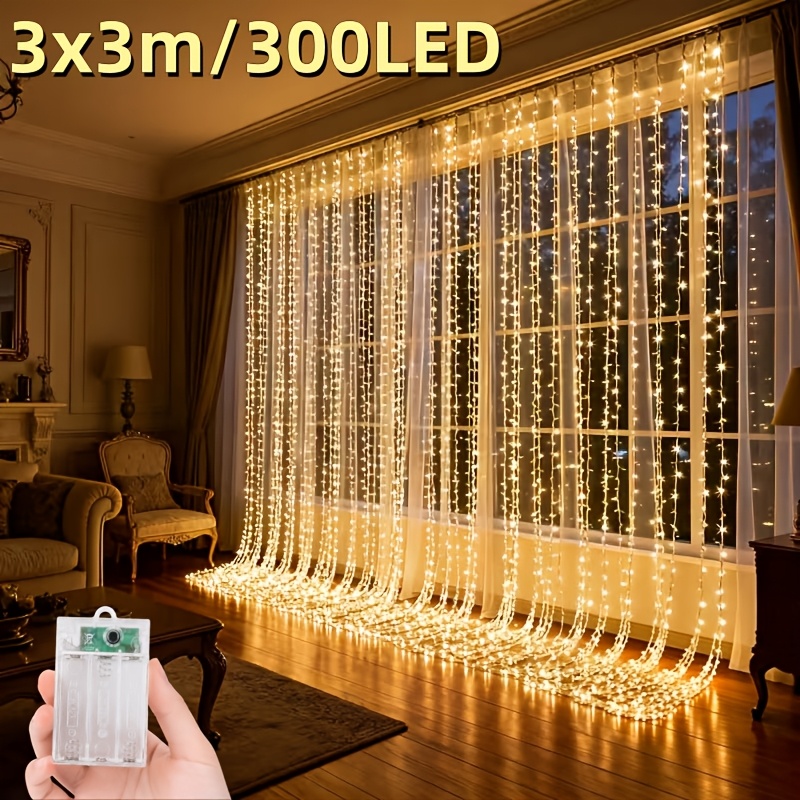 TEMU 9.8x9.8ft 300 Led Curtain Lights, 8 Adjustable , Button Control, Suitable For Hanging On Windows, Bedroom, Wedding, Christmas, Halloween,