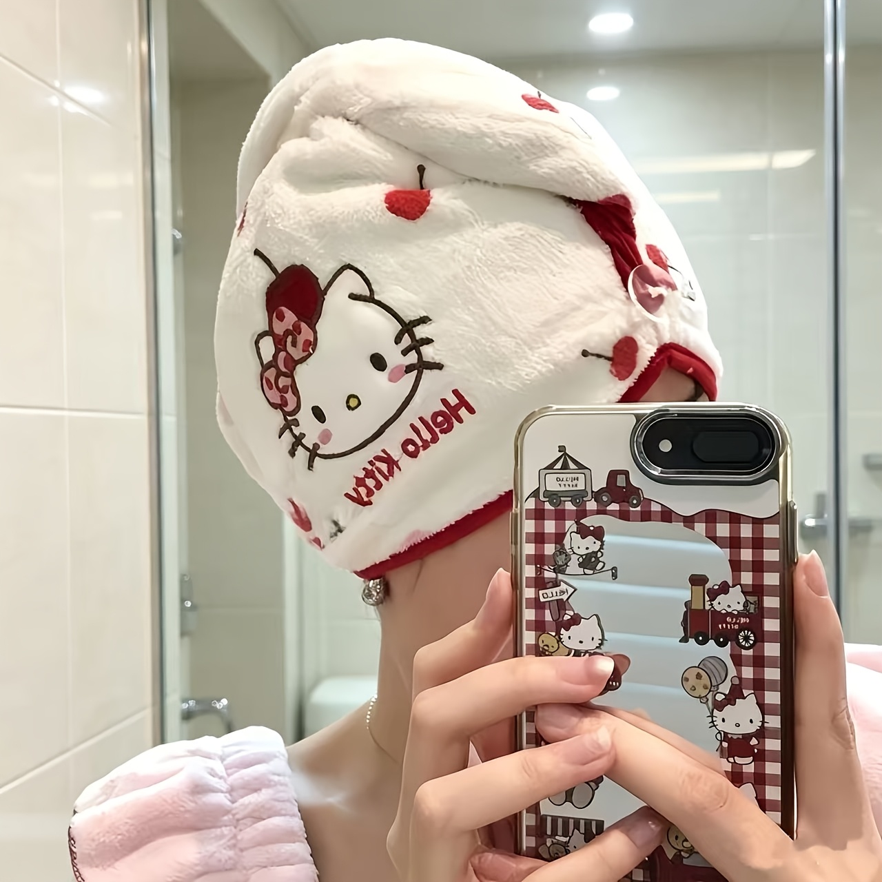 Image of 1pc White Cartoon Hair Drying Cap, Coral Fleece Material, Quick-drying, Shoulder Strap Bathing Dress And Hat Soft And Absorbent Bathroom Supplies Perfect Birthday Gift For