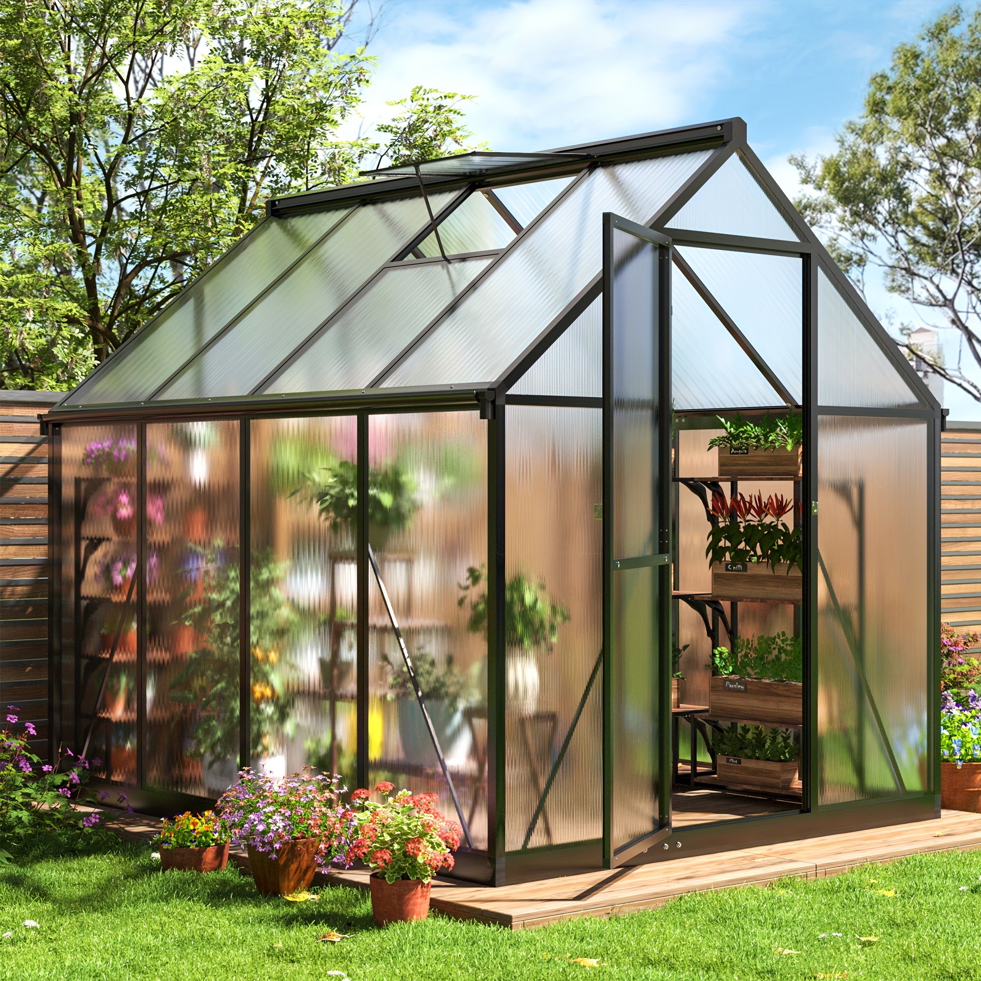 

6x7 Ft Greenhouse, Quick Aluminum Assembly Structure Polycarbonate Greenhouse, Walk-in Greenhouses For Outdoors With Ventilated Windows, Green Houses For Outside Backyard Garden