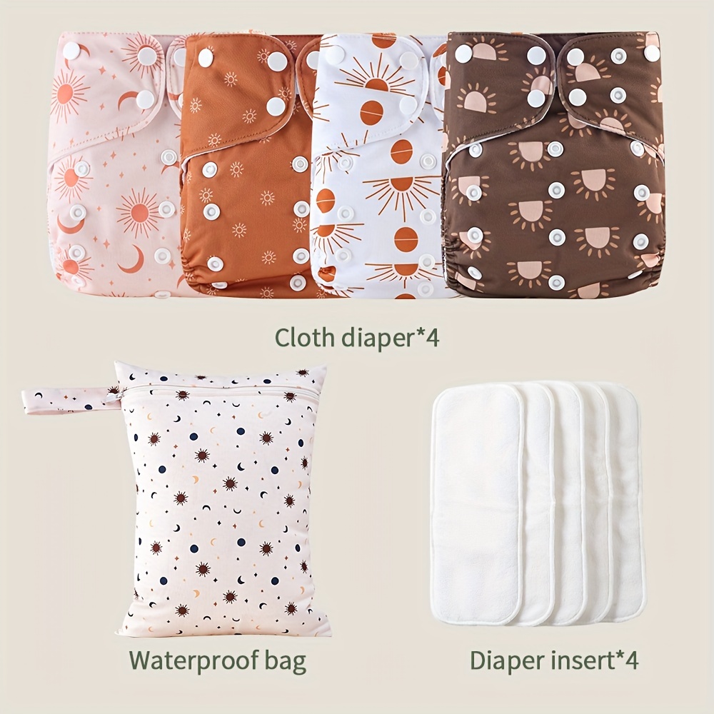 

Happyflute 9-piece Cloth Diaper Set With 4 Waterproof Inserts And Wet Bag, Polyester Fiber, Newborn Baby Diapering Kit For Christmas, Halloween, Thanksgiving Day Gift