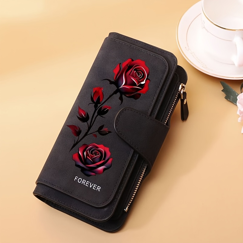 TEMU Women's Rose Print Wallet Long Clutch Holder Zipper Purse, Large Capacity Card Case Floral Clutch Wallet. Trending Rose Flower Wallet Bifold