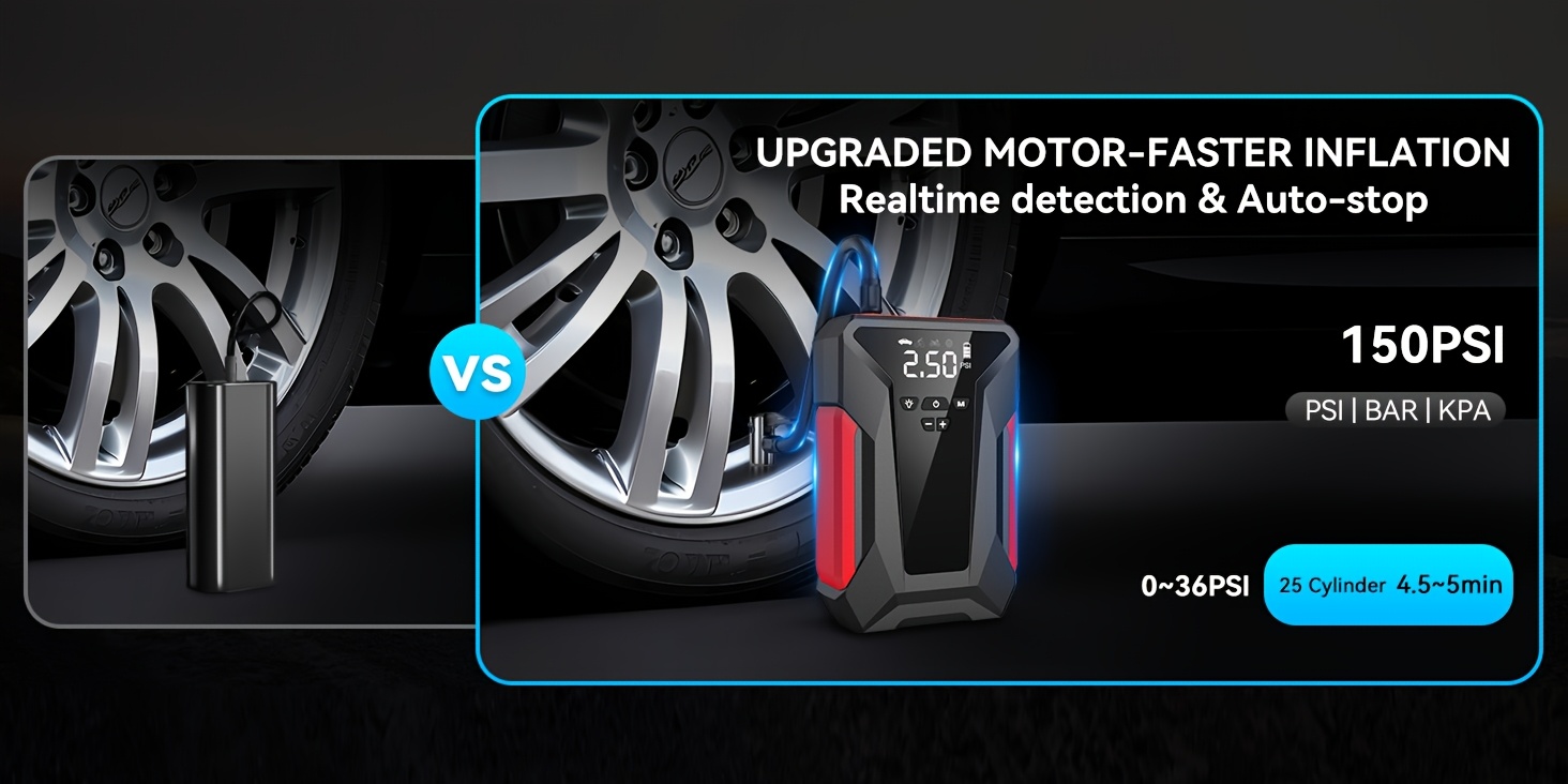 Jump Starter with Air Compressor, 7000A Portable Car Battery Jump Starter (2.64gal Gas/2.25gal Diesel), 12V Battery Charger Booster, 150PSI Auto-Shutoff Tire Inflator, Portable Jumper Cables, LED Light, High-Capacity Power Bank, Portable Power