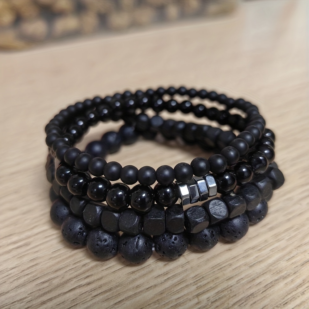 Image of 4pcs Men's Stackable Bangle Bangle Bracelet Set With Black Howlite & Onyx Beads - Wood Bead Suitable For Daily Wear, Parties, Gifts, For Christmas, Valentine's Day, For -