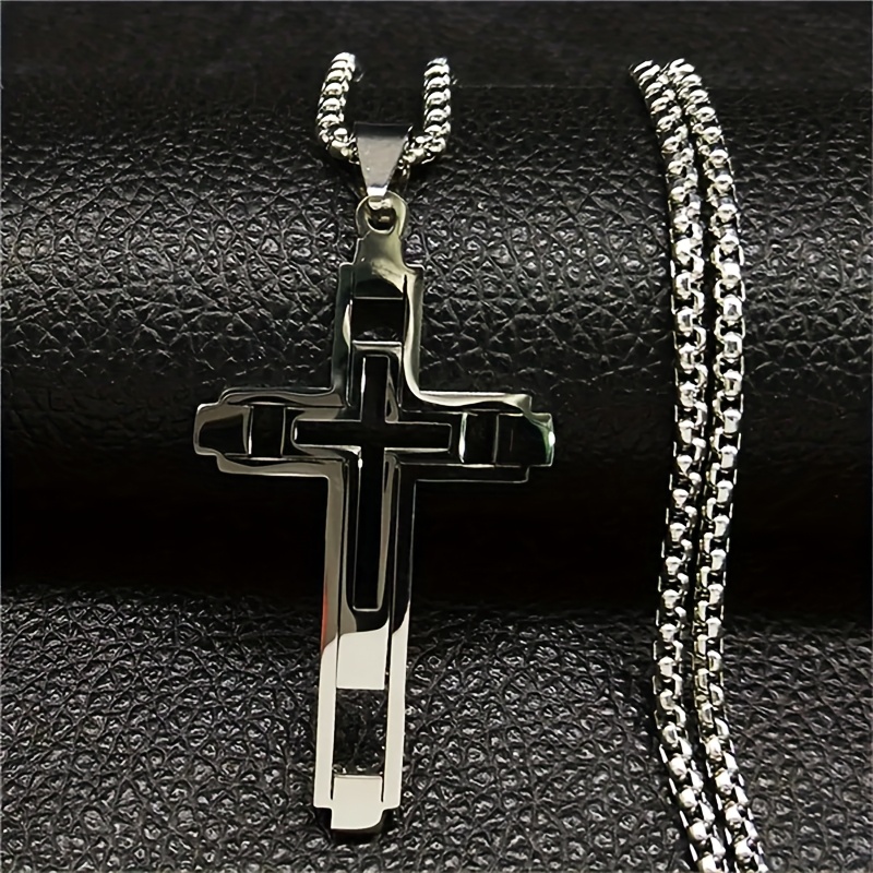 Image of Hip Hop Cross Stainless Steel Chain Necklace Golden Color Long Pendant Necklace - Unisex - Fashion Jewelry - Perfect Gift For Music Lovers And Trendsetters