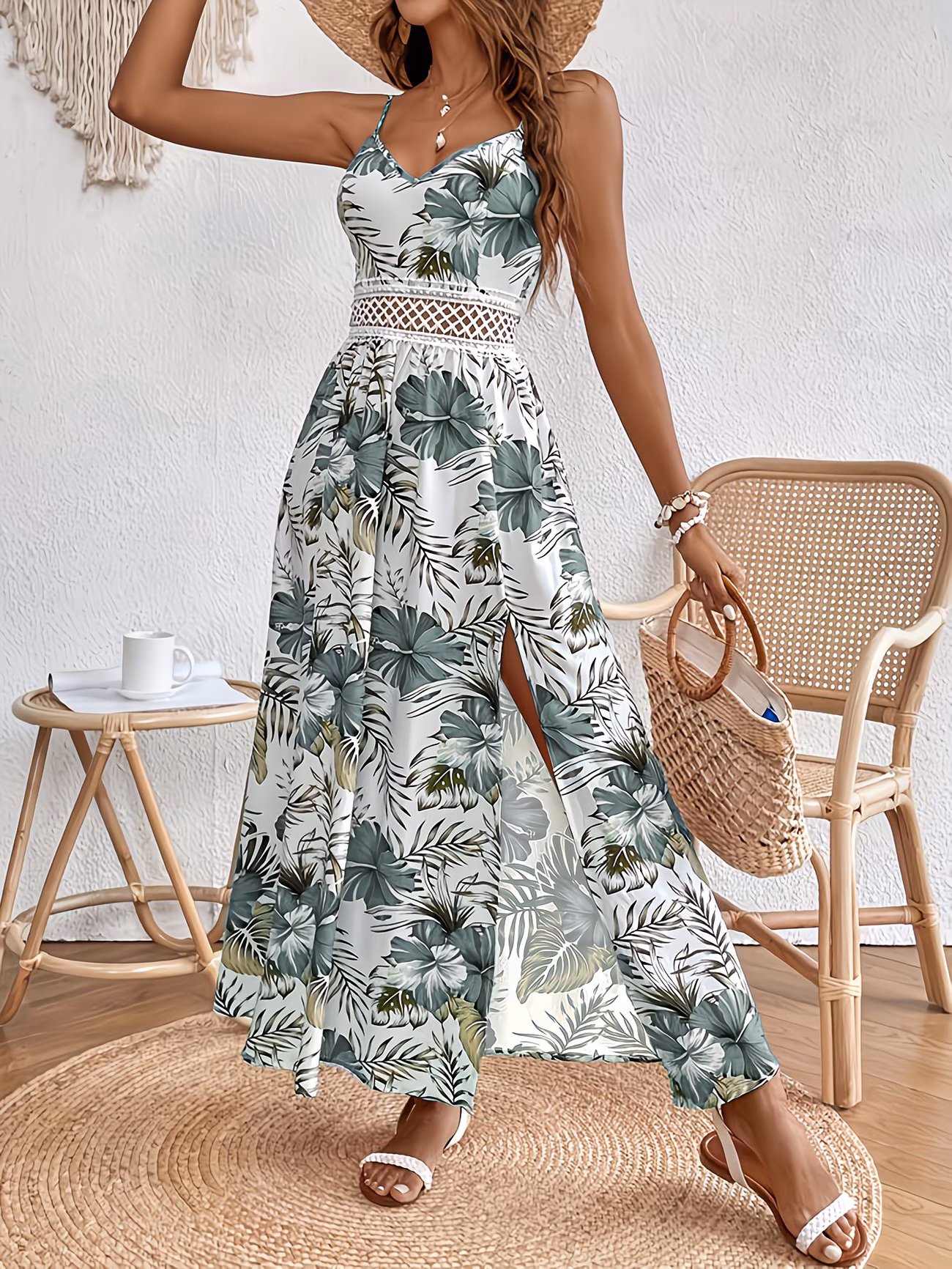 robe à imprimé floral pour femmes, décontractée, , manches, avec fente et décolleté camisole 2