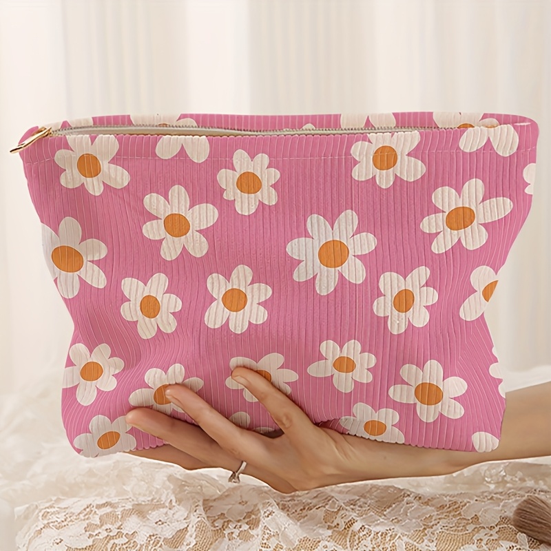 E-shop Kosmetiktasche aus Cord mit kleinem weißen Blumenmuster - Leichte Kosmetiktasche mit Reißverschluss, multifunktionale Kosmetikaufbewahrung,