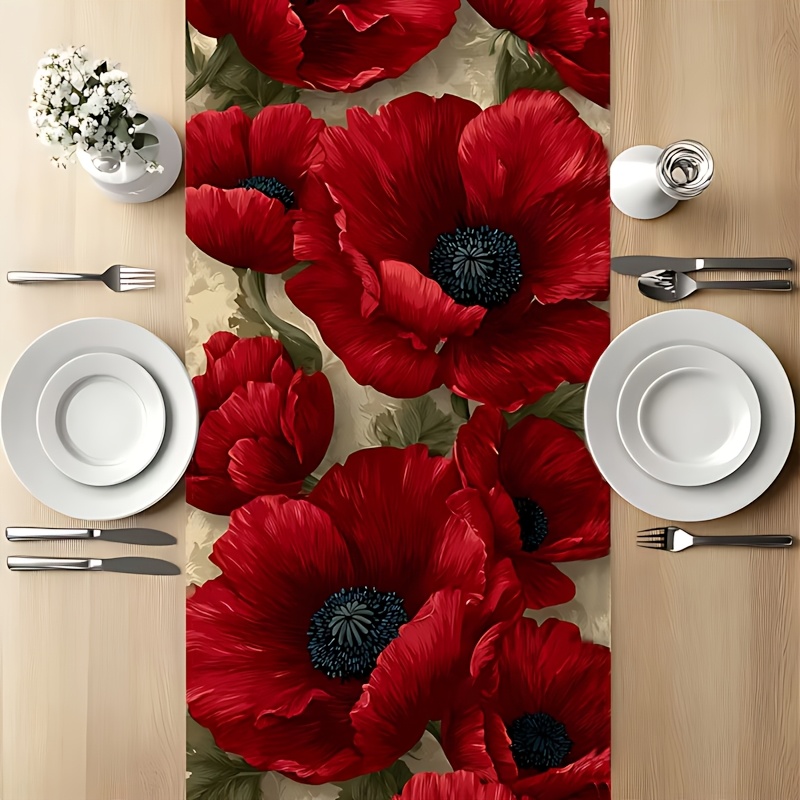 TEMU Chemin de table floral à motif de marguerites rouges, pièce unique, impression 2D, parfait pour les événements de printemps, les fêtes, les - et