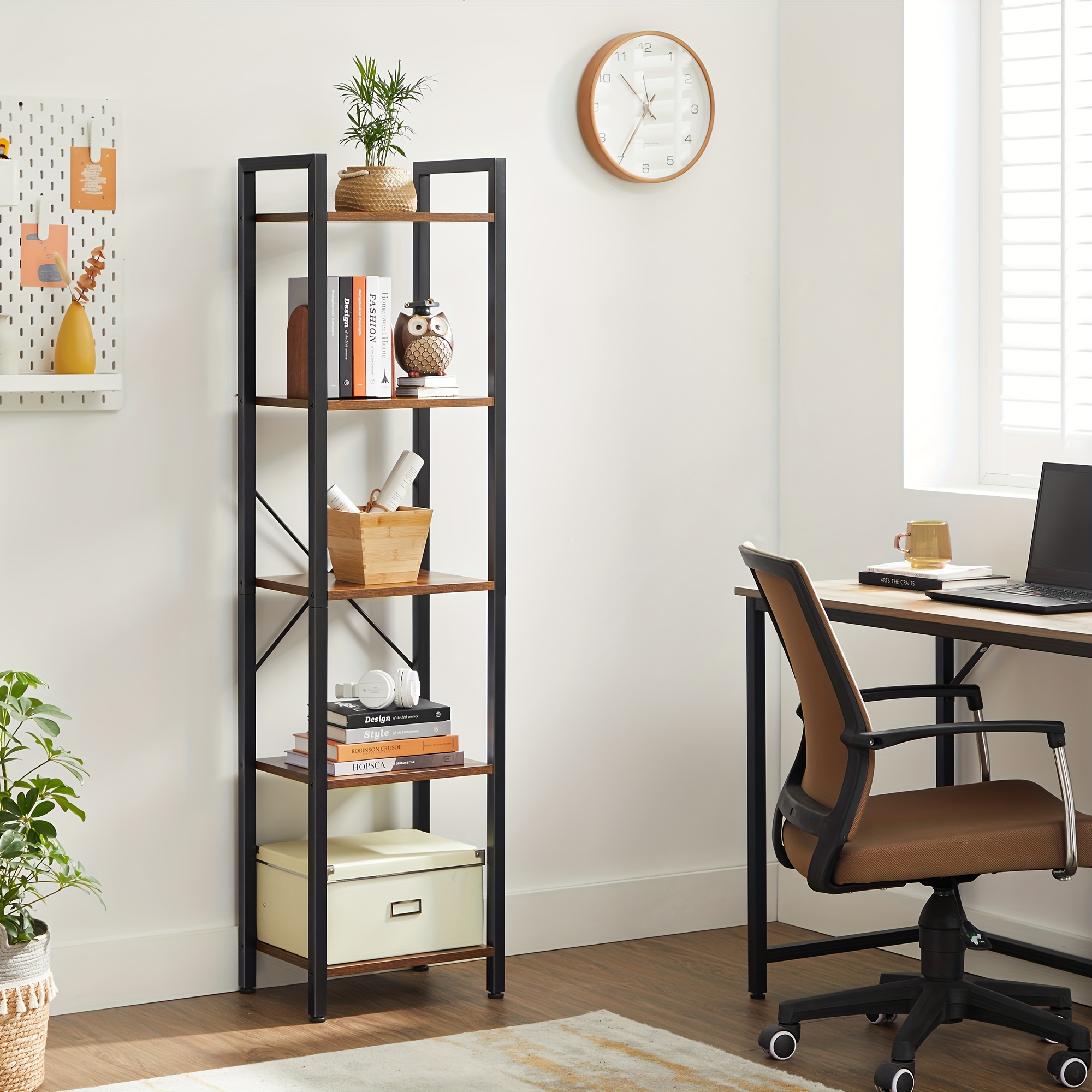

1pc Bookshelf, Bookcase, 5-tier Storage Shelf Rack With Steel Frame, For Living Room, Office, Study, Hallway