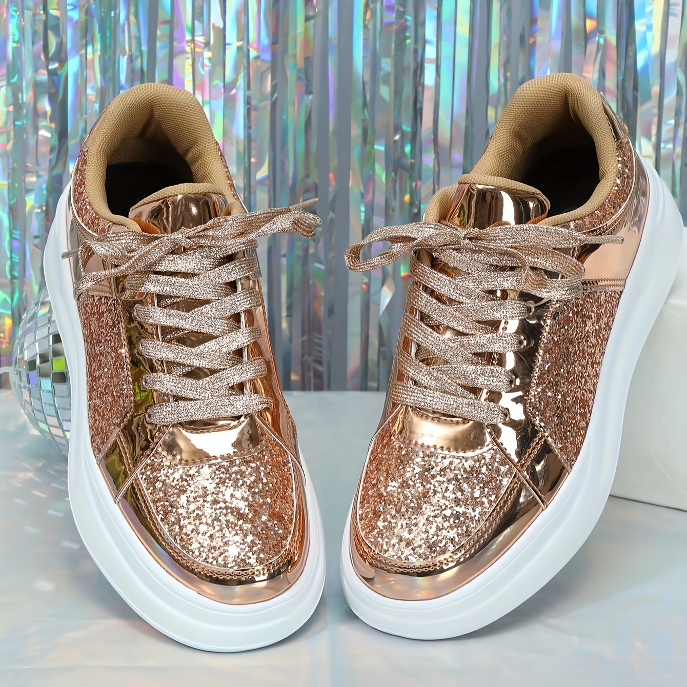 Rose Golden Sequin Sneakers for Women Comfortable Lace-Up Low-Top Casual  Sports Shoes with Fabric Insole Leather Upper, and Sole All-
