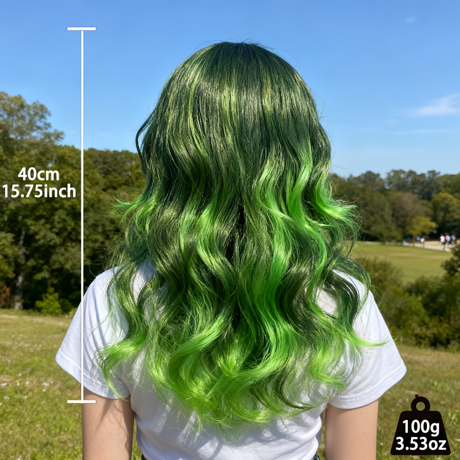 TEMU Perruque longue et ondulée de 15 pouces avec frange, design dégradé vert, postiche en fibre synthétique dégradé vert, perruque spécifique pour