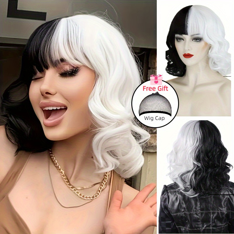 

2-pack Female Wig: Mid-length Curly Hair, Black And White Split-color, Perfect For Cosplay, Anime, Or Movie Costumes - Comes With A Free Wig Cap For Easy Application