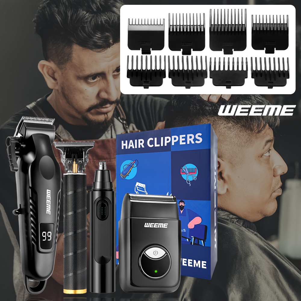 WEEME 4pcs Men's facial grooming set, household electric hair clipper set USB fast-charging electric hair clipper + T-trimmer + razor + nose hair clipper Haircutting