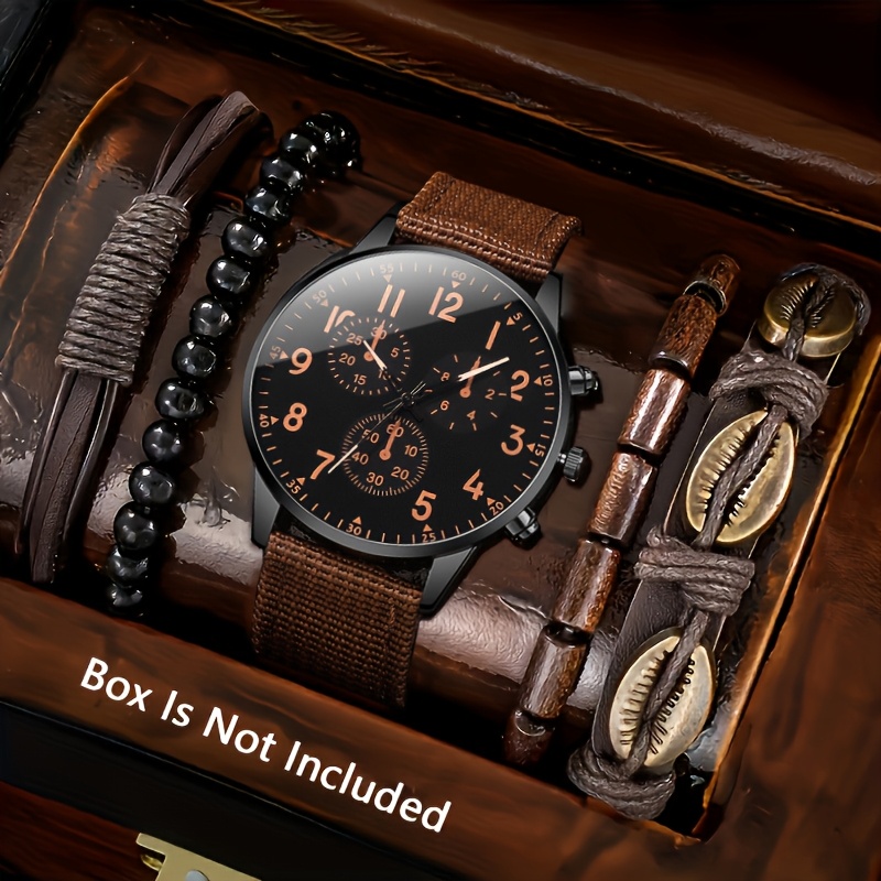Image of 5pcs Men's Quartz Wristwatch Set With Round Dial And Vintage Bracelet Combo, Ideal Gift For Him, For Daily Wear