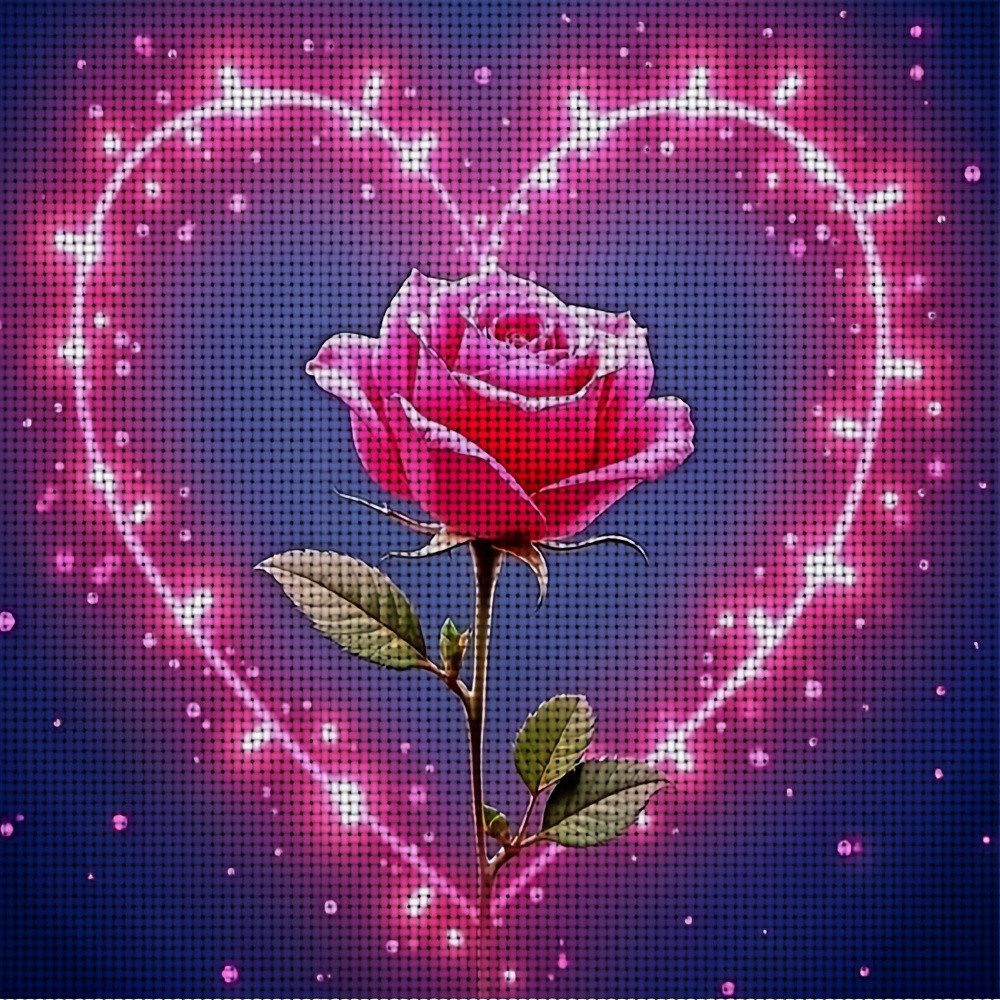 Frameless Cross Stitch Printed Kit, 'Pink Rose Heart Light Background' Pattern