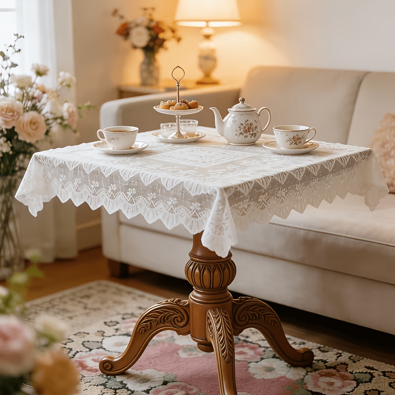 TEMU 90cm Square Hollow Lace Tablecloth With Scalloped Edge & Suitable For Coffee Table, Bedside Table Cover - Machine-made Table Cover Suitable For