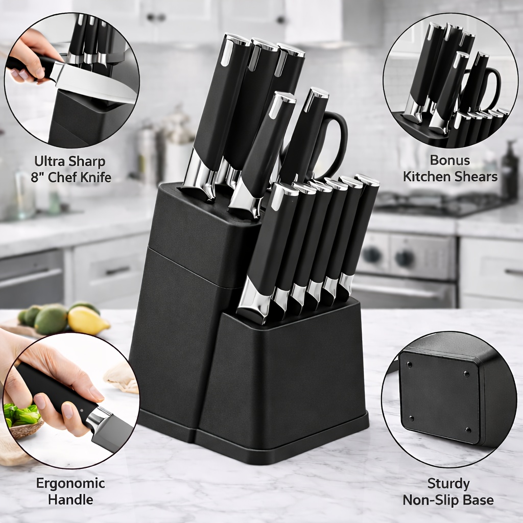 13pcs All-in-One Kitchen Knife Set with Holder - Includes 6 Steak Knives, Chef Knife, Bread Knife & Scissors - Perfect Housewarming Gift for New Home - Sharp & Durable Cooking Tools