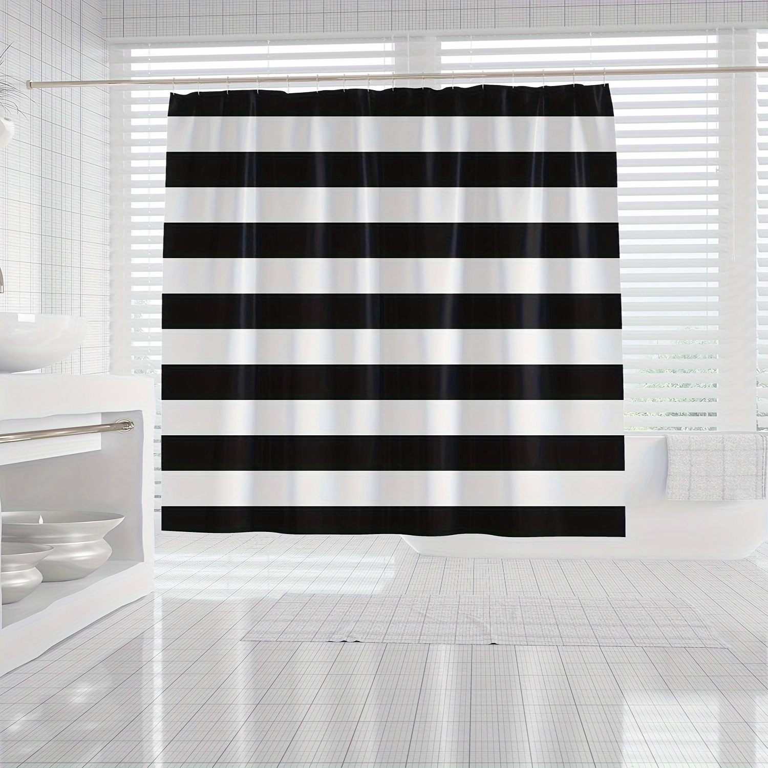 

1pc Striped Pattern Shower, Waterproof Decorative Bath, Bathroom Partition With Hooks, Home Bathroom Decor