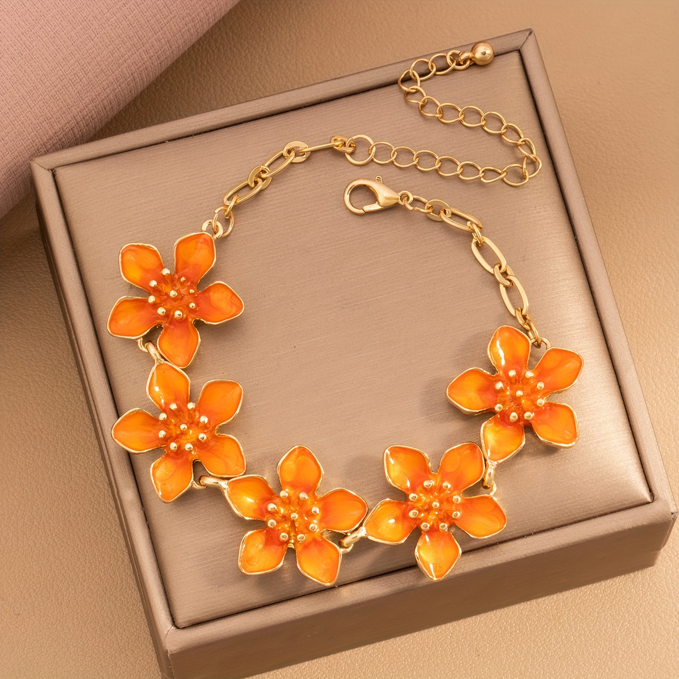 TEMU A Stylish And Creative Beach Vacation- Flower Five-petal Flower Metal Chain Adjustable Bracelet