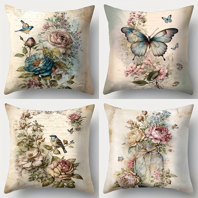 

Vintage Floral Bird And Single-sided Pillow Cover - 17.72" X 17.72" - Hand Wash Only - Zip Closure - Polyester Fabric