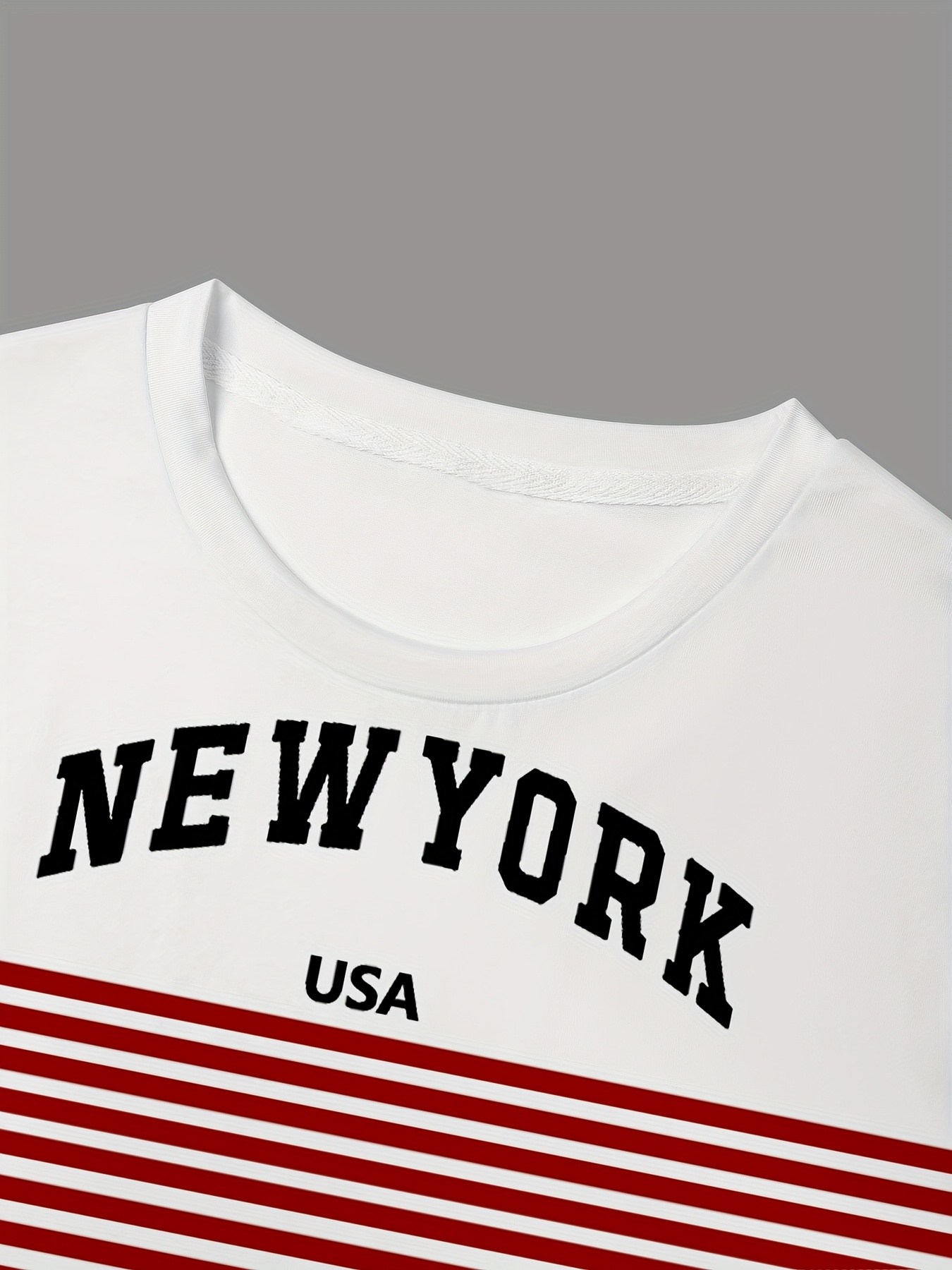 Men's New York USA 3D Print Striped T-Shirt - Casual Summer Sportswear, Oversized Red and White Short Sleeve Tee with Asymmetrical Stripes