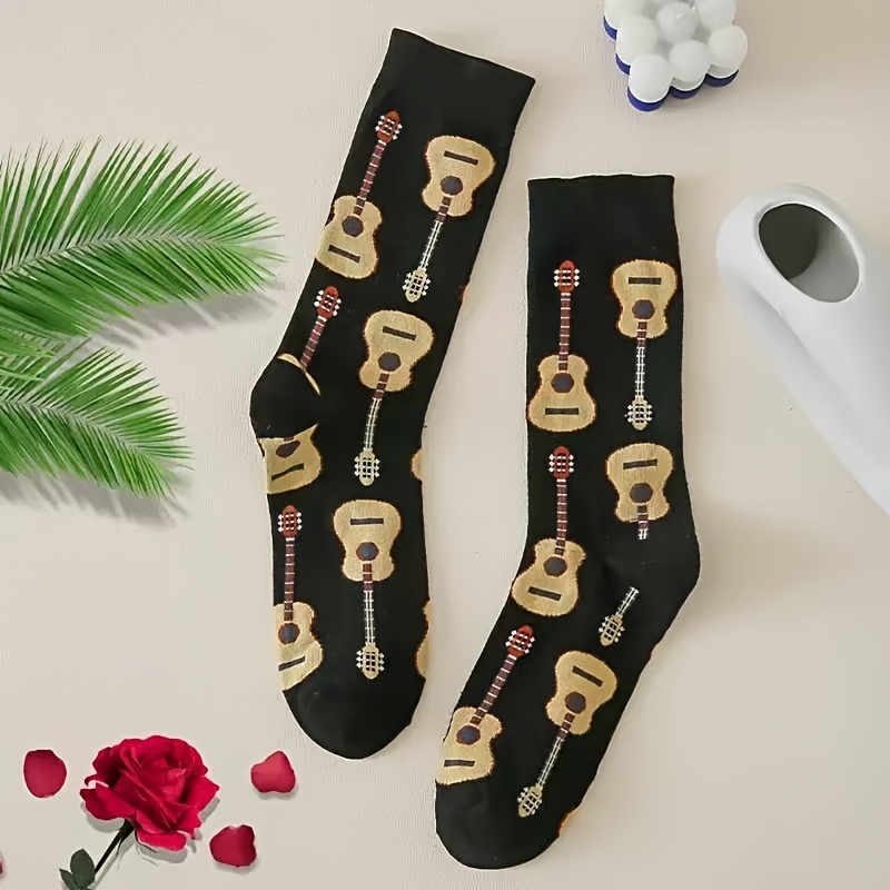 TEMU 1 Pair Casual Men's Socks With Guitar Pattern, Trendy And Versatile