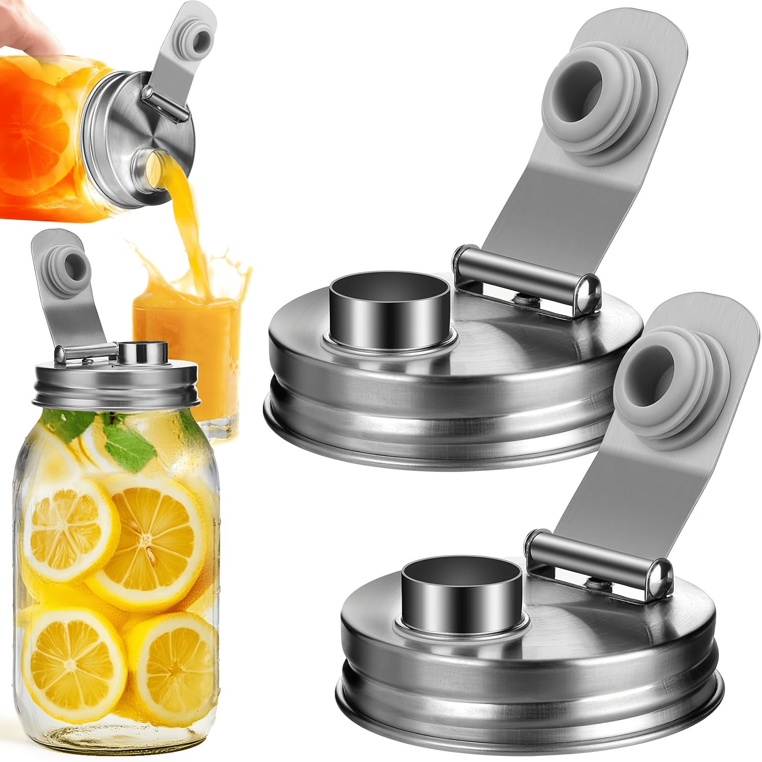 TEMU Regular Mouth Mason Jar Stainless Steel Pour Spout Lid, Reusable Mason Jar Lids, For 70mm Ball Wide Mouth Mason Jars, Leak Proof Seal, For