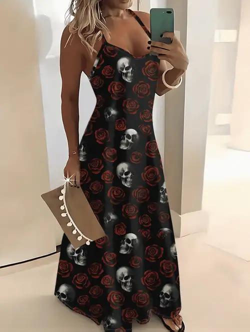 Halloween-Themed Red Rose And White Skull Print Design Spaghetti Strap Dress Halloween-Themed Red Rose And White Skull Print Design Spaghetti Strap Dress