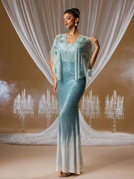 womens ombre color sequin light luxury high end sequin cape sleeve batwing sleeve elegant gown fit mermaid tail dress for women banquet party annual meeting long mermaid tail evening gown